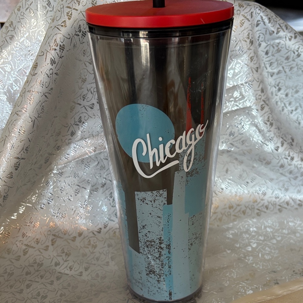 Starbucks Tumbler with Red Lid and Blue Skyline